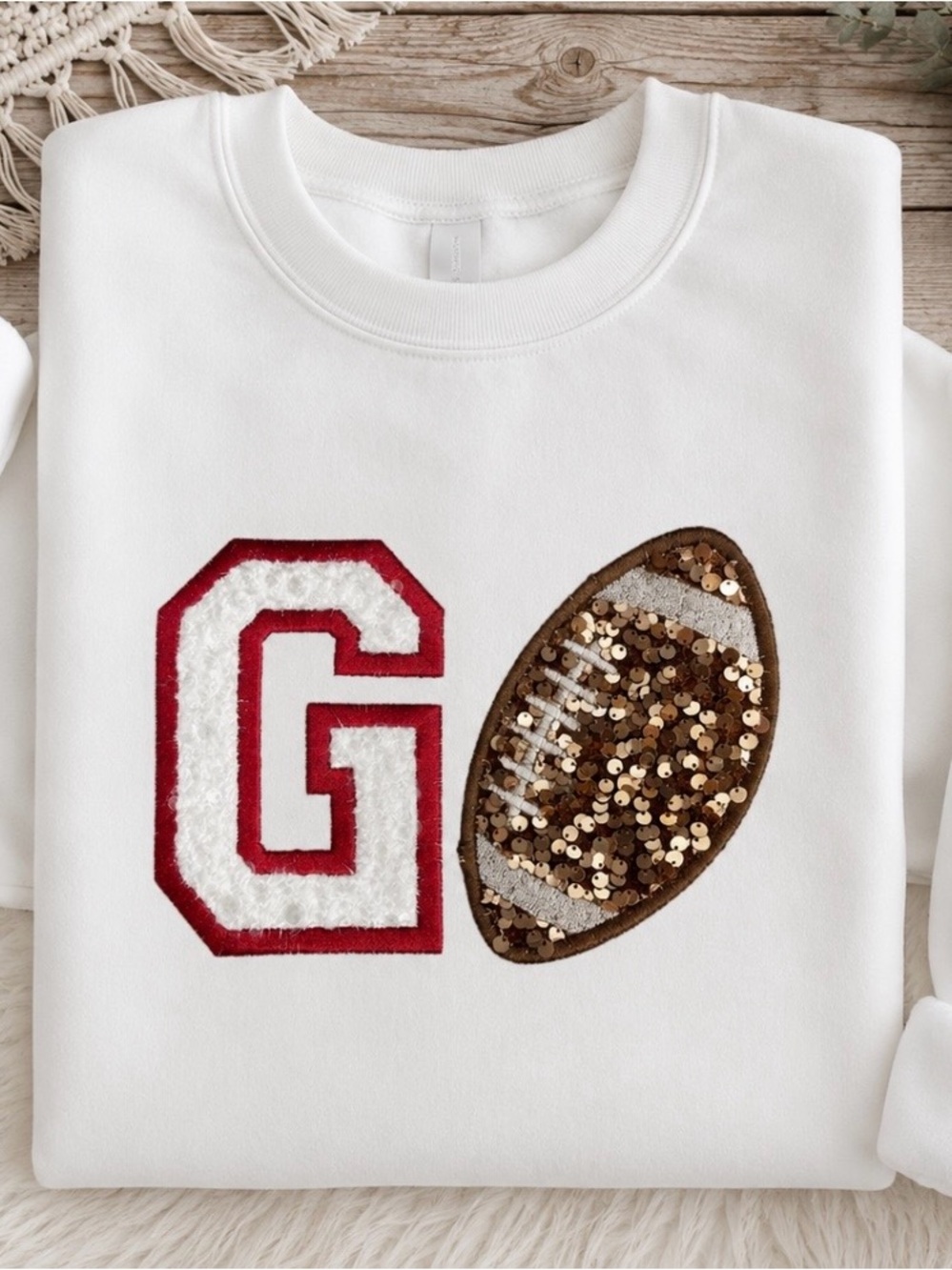 White Sweatshirt with Red 'G' and Sequin Football